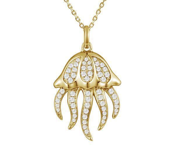 The picture shows a 925 sterling silver, yellow gold plated, pavé barrel jellyfish pendant with topaz.