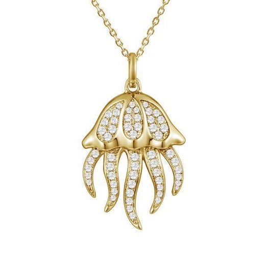 The picture shows a 925 sterling silver, yellow gold plated, pavé barrel jellyfish pendant with topaz.