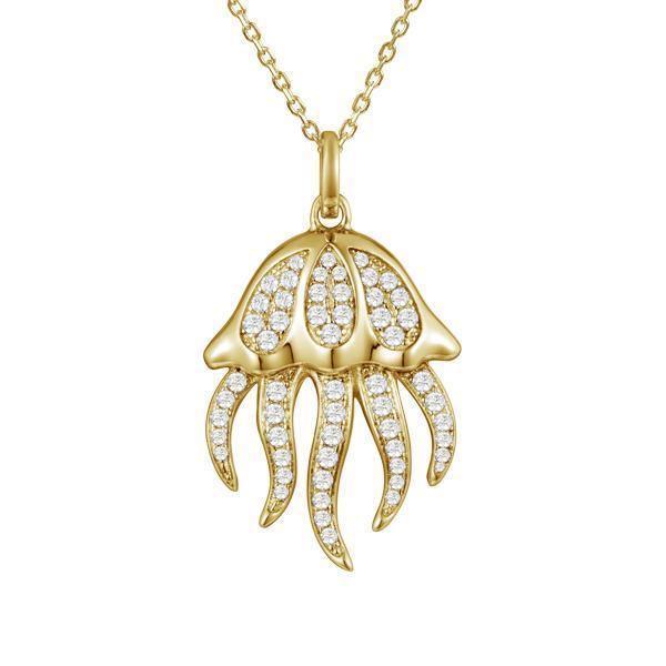 The picture shows a 925 sterling silver, yellow gold plated, pavé barrel jellyfish pendant with topaz.