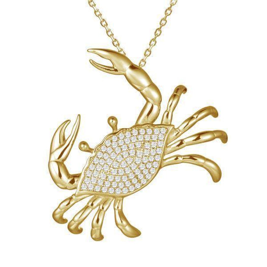 The picture shows a 925 sterling silver, yellow gold plated, pavé blue crab pendant with cubic zirconia.