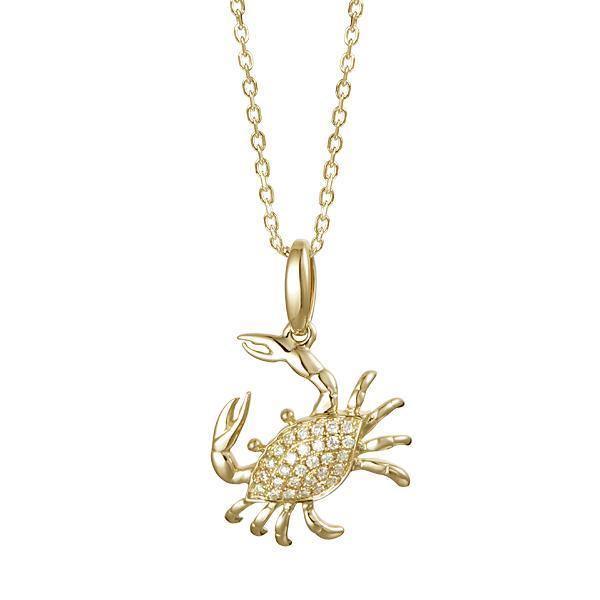 The picture shows a small 14K yellow gold pavé diamond blue crab pendant.