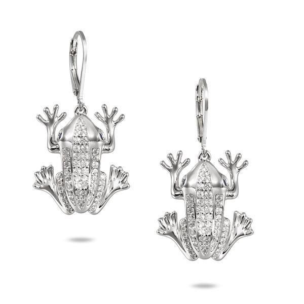 In this photo there is a pair of sterling silver coqui frog earrings with sapphire and cubic zirconia.
