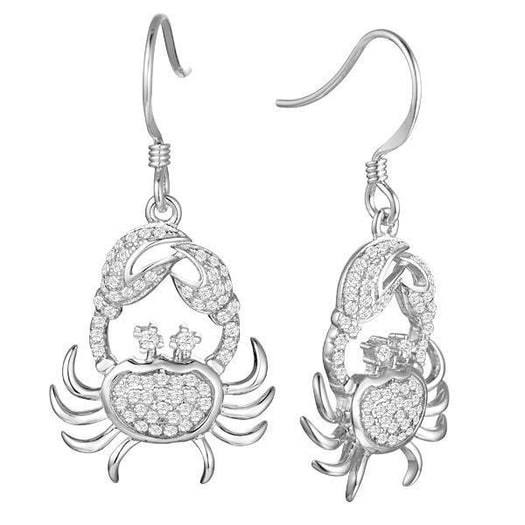 The photo shows a pair of solid white gold pavé crab hook earrings.