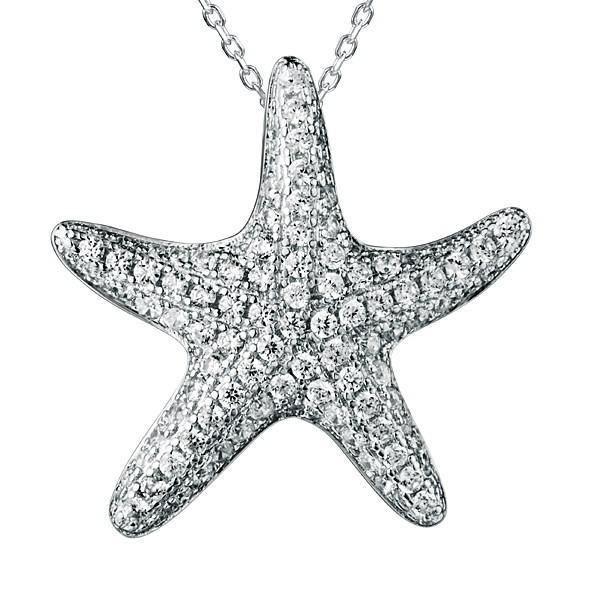 The picture shows a 925 sterling silver, white gold plated, cushion sea star pendant with topaz.