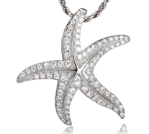 The picture shows a 925 sterling silver, white gold plated, dancing starfish pendant with topaz.