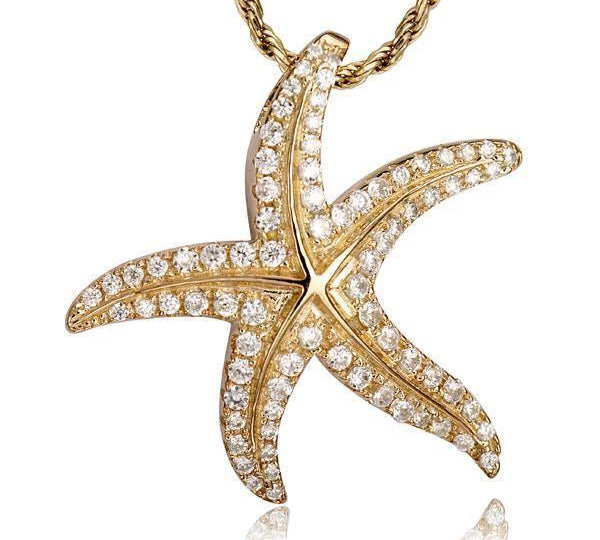 The picture shows a 925 sterling silver, yellow gold plated, dancing starfish pendant with topaz.