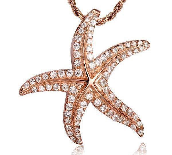 The picture shows a 925 sterling silver, rose gold plated, dancing starfish pendant with topaz.