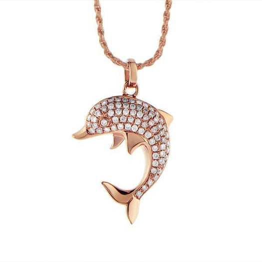 The picture shows a 14K rose gold dolphin pendant with diamonds.