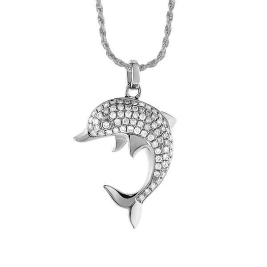 The picture shows a 14K white gold dolphin pendant with diamonds.