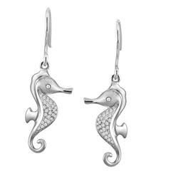 The picture shows a 14K white gold pavé diamond seahorse hook earrings.