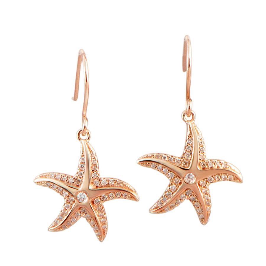 The picture shows a pair of 14K rose gold pavé diamond starfish hook earrings.