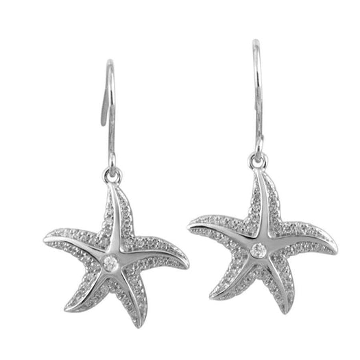The picture shows a pair of 14K white gold pavé diamond starfish hook earrings.