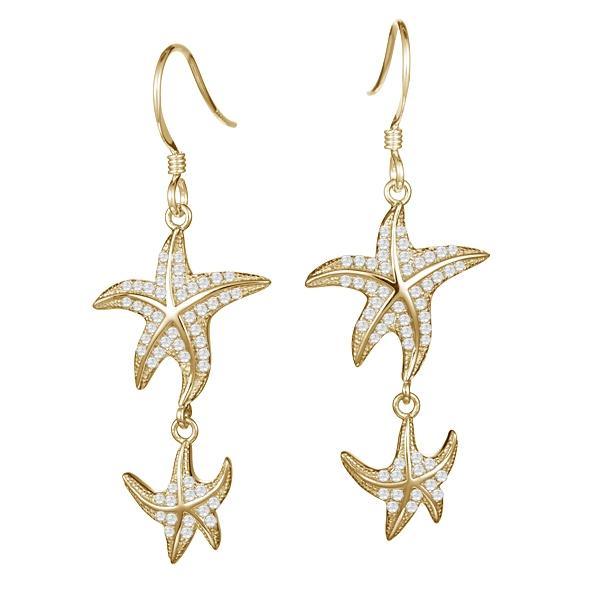The picture shows a pair of 14K yellow gold pavé diamond starfish hook earrings.