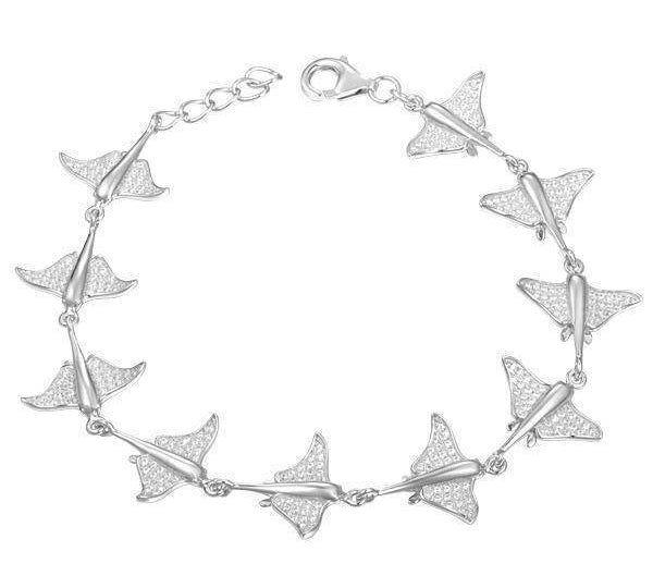 The picture shows a 925 sterling silver white gold-plated eagle ray bracelet with cubic zirconia.