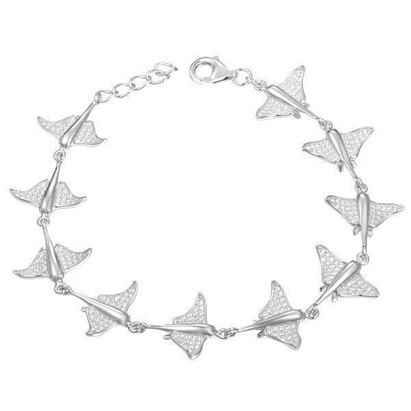The picture shows a 925 sterling silver white gold-plated eagle ray bracelet with cubic zirconia.