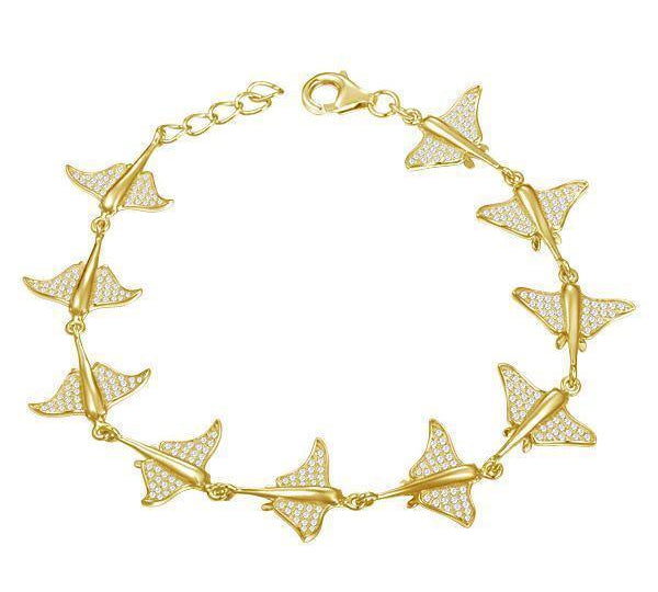 The picture shows a 925 sterling silver yellow gold-plated eagle ray bracelet with cubic zirconia.