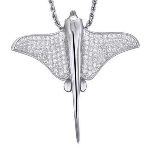 The picture shows a 925 sterling silver, white gold plated, pavé eagle ray pendant with cubic zirconia.
