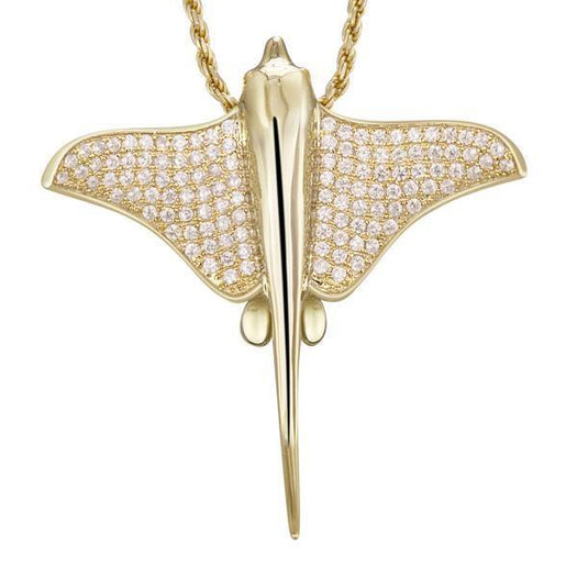The picture shows a 925 sterling silver, yellow gold plated, pavé eagle ray pendant with cubic zirconia.