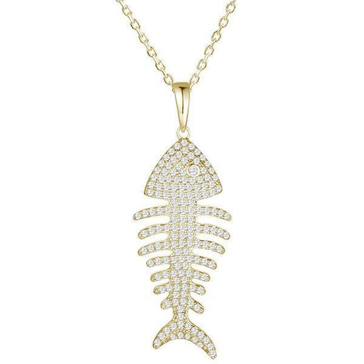 The picture shows a 925 sterling silver pavé yellow gold vermeil fish bone pendant with topaz.