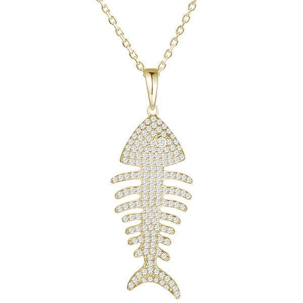 The picture shows a 925 sterling silver pavé yellow gold vermeil fish bone pendant with topaz.