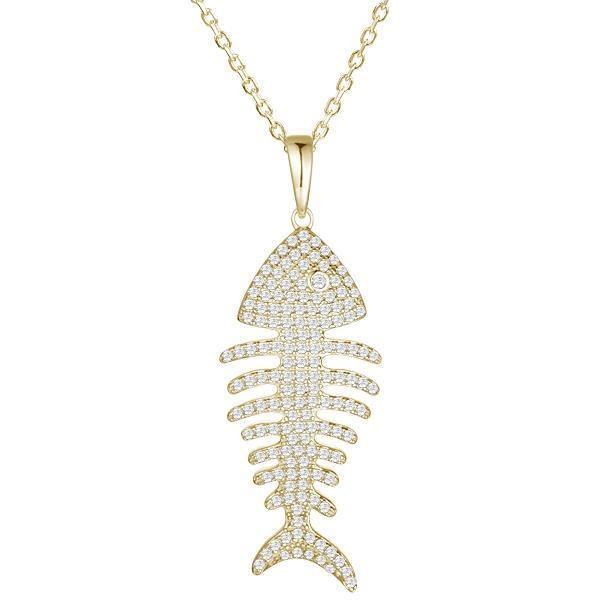 The picture shows a large 14K yellow gold fishbone pendant with diamonds