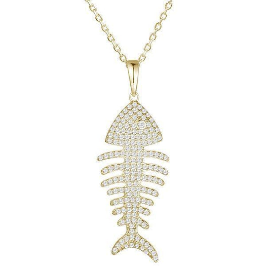 The picture shows a large 14K yellow gold fishbone pendant with diamonds