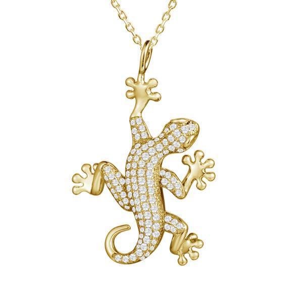 In this photo there is a yellow gold vermeil gecko pendant.