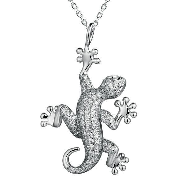 In this photo there is a white gold vermeil gecko pendant.