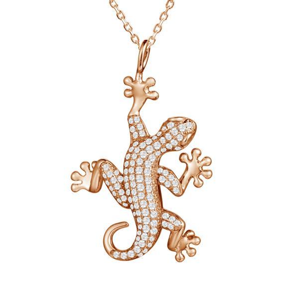 In this photo there is a rose gold vermeil gecko pendant.