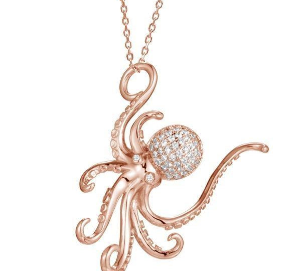 The picture shows a 925 sterling silver, rose gold vermeil, pavé octopus pendant with topaz.