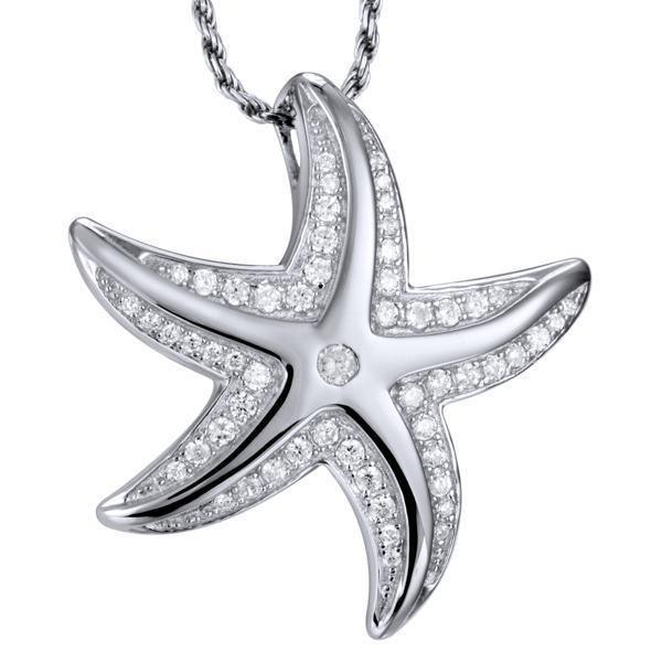 The picture shows a 14K white gold starfish pendant with pavé diamonds.