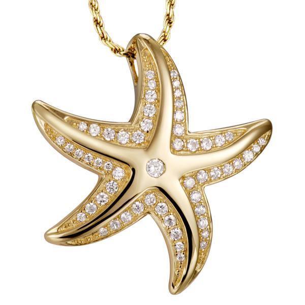 The picture shows a 925 sterling silver, yellow gold vermeil, happy starfish pendant with topaz.