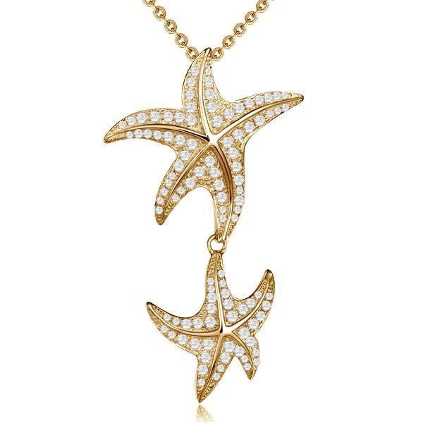 The picture shows a 925 sterling silver, yellow gold vermeil, hanging double starfish pendant with  topaz.