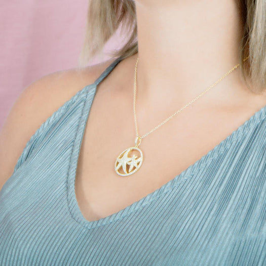 The picture shows a 925 sterling silver, yellow gold vermeil, double starfish circle pendant with topaz.