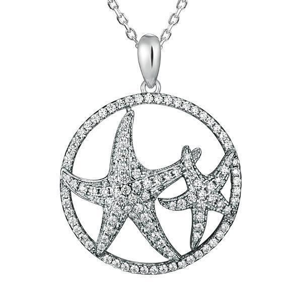 The picture shows a 925 sterling silver, white gold vermeil, double starfish circle pendant with topaz.