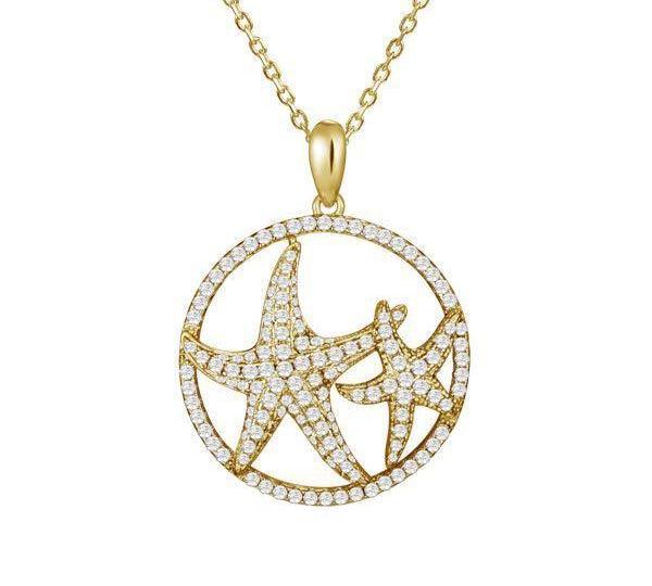 The picture shows a 925 sterling silver, yellow gold vermeil, double starfish circle pendant with topaz.