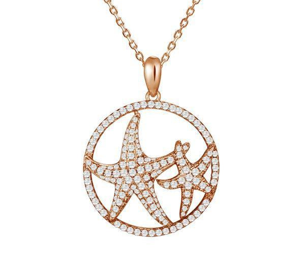 The picture shows a 925 sterling silver, rose gold vermeil, double starfish circle pendant with topaz.