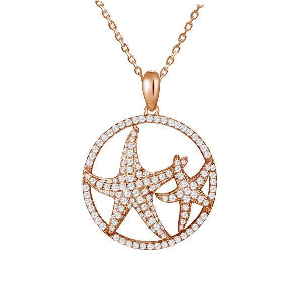 The picture shows a 925 sterling silver, rose gold vermeil, double starfish circle pendant with topaz.