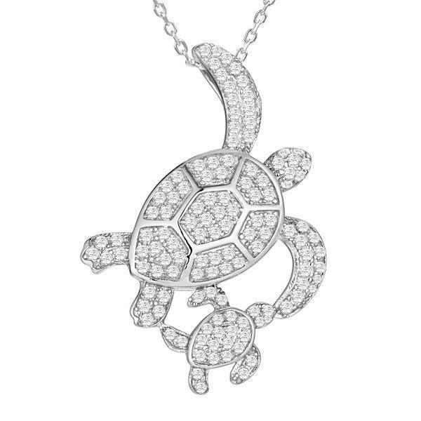 The picture shows a 925 sterling silver, white gold vermeil, double sea turtle pendant with topaz.