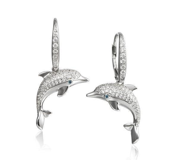 The picture shows a pair of 925 sterling silver dolphin earrings with topaz and sapphire.