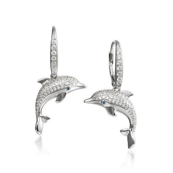 The picture shows a pair of 925 sterling silver dolphin earrings with topaz and sapphire.