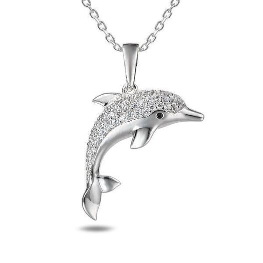 The picture shows a 925 sterling silver dolphin pendant with cubic zirconia.