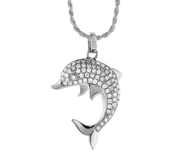 The picture shows a 925 sterling silver, white gold-vermeil, dolphin pendant with cubic zirconia.