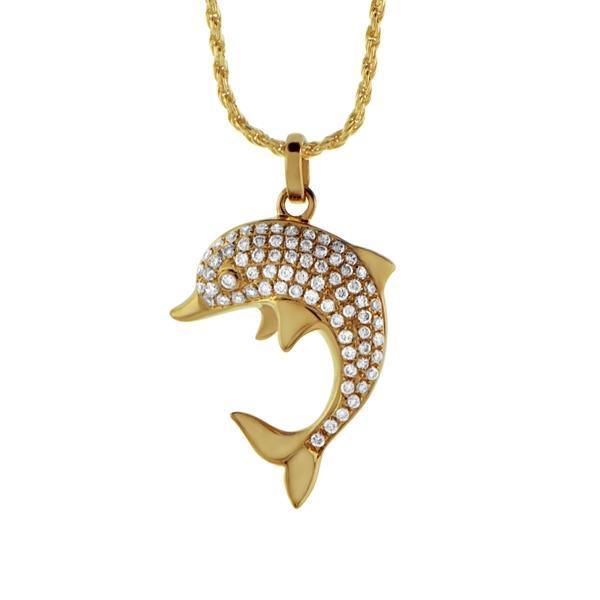 The picture shows a 925 sterling silver, yellow gold-vermeil, dolphin pendant with cubic zirconia.