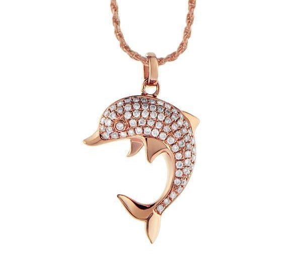 The picture shows a 925 sterling silver, rose gold-vermeil, dolphin pendant with cubic zirconia.