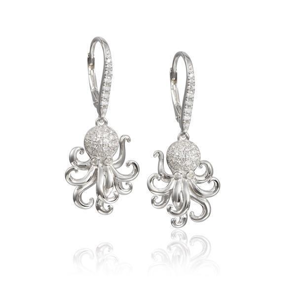 The picture shows a pair of 925 sterling silver octopus earrings with topaz.