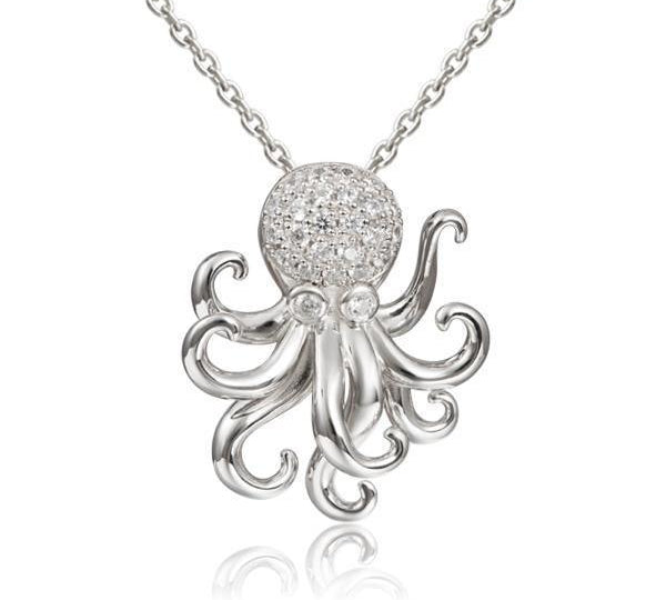 The picture shows a 925 sterling silver pavé octopus pendant with topaz.