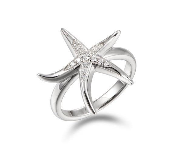 The picture shows a 925 sterling silver starfish ring with topaz.