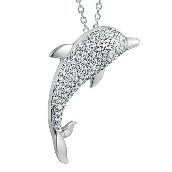 The picture shows a 925 sterling silver, white gold-vermeil, dolphin pendant with topaz.