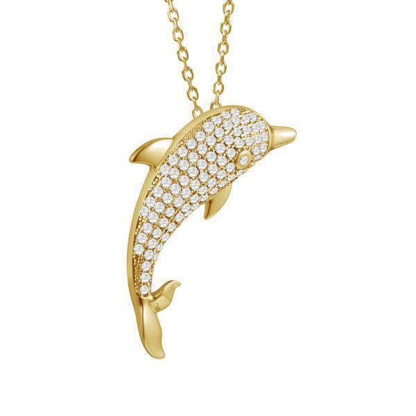 The picture shows a 925 sterling silver, yellow gold-vermeil, dolphin pendant with topaz.